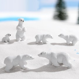 FOLANDO Polar Bear Figure Set, 6 Pcs Mini Polar bear Figurines Ornaments Polar bear family Statue Garten Decoration Ocean Animal Figures Sculpture Micro Landscape Desk Office Car Decor (6 polar bears)