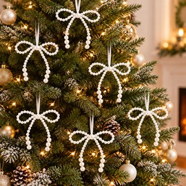Pearl Bow Christmas Decorations for Holiday Display – Hand-Woven Hanging Ornaments in 6 or 12-Piece Sets for Tree & Room Decor