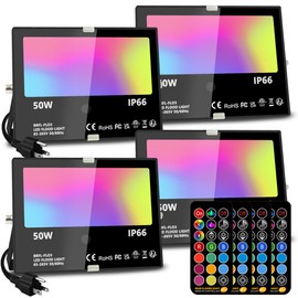 MELPO Led Flood Light Outdoor, 50W RGB Color Changing Landscape Lighting with Remote, Timing - 12 Colors - 4 Modes, IP66 Waterproof, US 3-Plug, (Pack of 4)