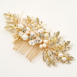 Bridal Hair Comb Clip Rhinestone Wedding Hair Piece Pearl Hair Accessories for Brides and Women,Gold-Style1
