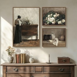 Framed Vintage French Country Wall Art, Farmhouse Floral 3 Piece Woman Painting Prints, Retro Flower Canvas Artworks for Living Room Dining Room Bedroom Hallway Office Wall Decor