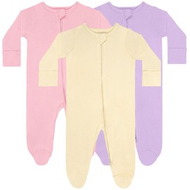 GUISBY Long Sleeve Baby Footed Pajamas with Mittens Cotton Sleepers with Zipper 3-Pack Peach+Purple+Light Champagne 3-6 Months