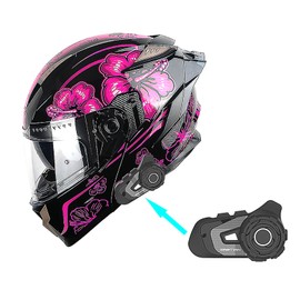1Storm Motorcycle Modular Full Face Helmet DOT Flip up Dual Visor Anti Fog Pinlock Ready Shield + Motorcycle Bluetooth Headset BT-S2: Flower Purple