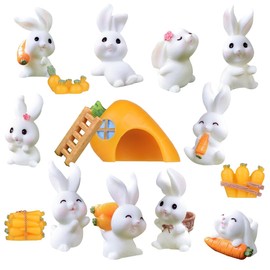 Bluelves Pack of 15 Miniature Rabbit Ornaments, Rabbit Sculpture Easter Decoration, Mini Easter Bunny Decoration, Resin Miniature Bunny Figure for Easter, Micro Landscape Decoration, Children's
