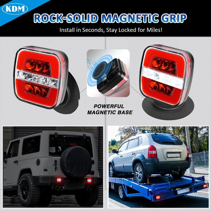KDM Magnetic Wireless LED Trailer Light kit,Rechargeable Towing Tail Light