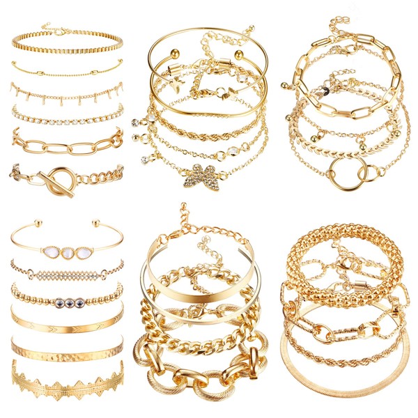 SAILIMUE 27Pcs Gold Stackable Chain Bracelets Set For Women 14K