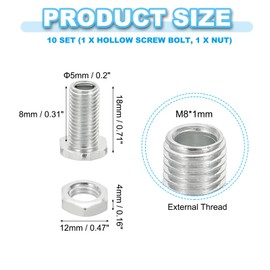 PATIKIL M8x18mm Hex Bolts and Nuts Kit, 10 Set Fine Thread Hollow Screws Assortment Hexagon Head Screw Through Hole Bolt Chandelier Fasteners