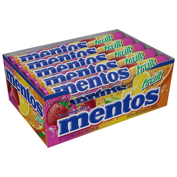 Mentos Chewy Mint Candy Roll, Fruit, Non Melting, Party, 14 Pieces (Bulk Pack of 15) - Packaging May Vary