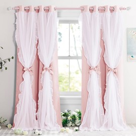 PONY DANCE Girls Curtains for Bedroom Decorative Drapes for Kids Double Layer Curtain Ruffle Sheer Overlay Room Darkening Pretty Chic Princess, 52x84 inch, Blush Pink, 2 PCs