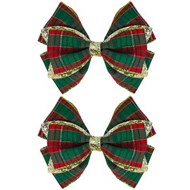 2Pcs Christmas Glitter Plaid Hair Bow Clips 4 Inch for Women Holiday Outfit Hair Accessories Party Decorations Red & Green (plaid)