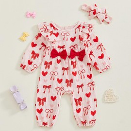 YINGISFITM My First Valentines Baby Girl Outfit Bow Heart Newborn Onesie Cute Romper Infant Jumpsuit Valentines Day Clothes (Red, 9-12 Months)