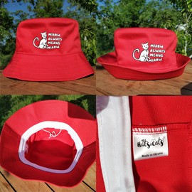 Bucket Hat Women Cotton Sun Cap Cat Print Adjustable Red