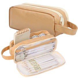 Cute Pencil Case for Kids and Adults, Large Capacity Clear Pencil Case Organizer, Portable Aesthetic Pencil Pouch Stationery Makeup Storage for Office School Travel (Brown)