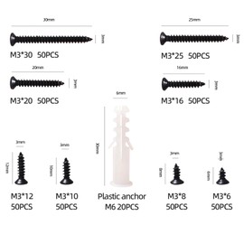 NIANXIHAN 420 pcs Set of Carbon Steel, M3 Flat Head Wood Screws - Phillips recessed countersunk Head Tapping Screws, zinc Plated for Durability, Includes 20pcs M6 Screw Anchors (Black)