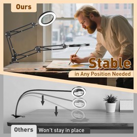 KIRKAS 10X LED Magnifying Lamp with Clamp, Real Glass Lens, 3 Color Modes and Stepless Dimmable Magnifier Desk Lamp,Adjustable Swivel Arm Lighted Magnifying Glass for Repair Craft Close Work-Black