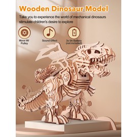 MIEBELY 3D Wooden Puzzles for Adults - T-Rex Dinosaur Model Kits can Walk and Roar, Mechanical Dinosaur STEM Toys for Boys Kids Ages 8-10-12-14, 3-D Puzzles Building Kit Gifts for Teen Men Women