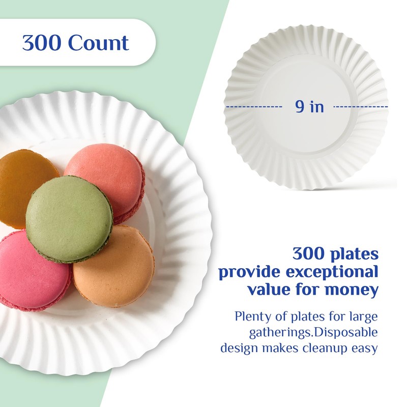 MUCHII 300 Count 9 Inch Paper Plates, Disposable Dinner Plates