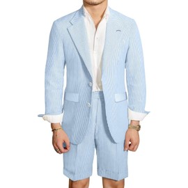 Mens Seersucker Suit 2 Piece Regular Fit Beach Striped Blazer and Pants Suits Men Wedding Casual Prom Summer Wear Tuxedo Sets Light Blue L