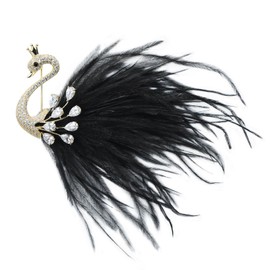 Elegant Black Cubic Zirconia Crystal Swan Bird Brooch Pins Breastpin Bouquet Wedding Jewelry Pendant for Women Bridal Gift (Black Feather)