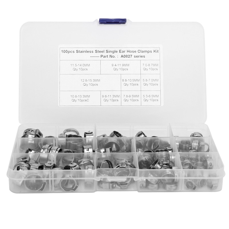 100pcs Stainless Steel Single Ear Hose Clamp Crimp Stepless Assortment