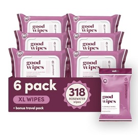 Goodwipes Flushable Butt Wipes - Extra Large Adult Wet Wipes For Women & Men - Sewer & Septic Safe - Made With Vitamin E & Aloe - Bathroom Essentials - Rosewater, 318 Count (6 Packs + 1 Travel)