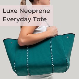 POPUPS Large Neoprene Tote Bag for Women - Everyday Designer Handbag for Travel Work and Beach with Pockets and Zipper Pouch (Emerald Green)