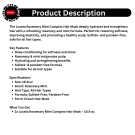 Luseta Hair Mask Rosemary Mint Complex 16.9 oz Deep Conditioning Sulfate-Free