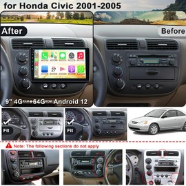 for Honda Civic 2001 2002 2003 2004 2005, Wireless Carplay&Android Auto Radio Support Bluetooth5.2, 9'' IPS Touchscreen Car Stereo with Reverse Camera/GPS/WiFi/Steering Wheel Control/FM/OBD2/DVR/TPMS