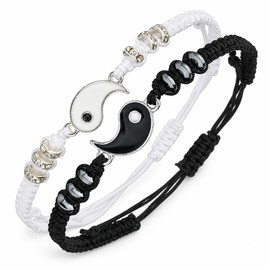 Matching Yin Yang Friendship Bracelets for 2, Adjustable Black and White Cord Bracelet Set for Couples and Best Friends, Matching Gift