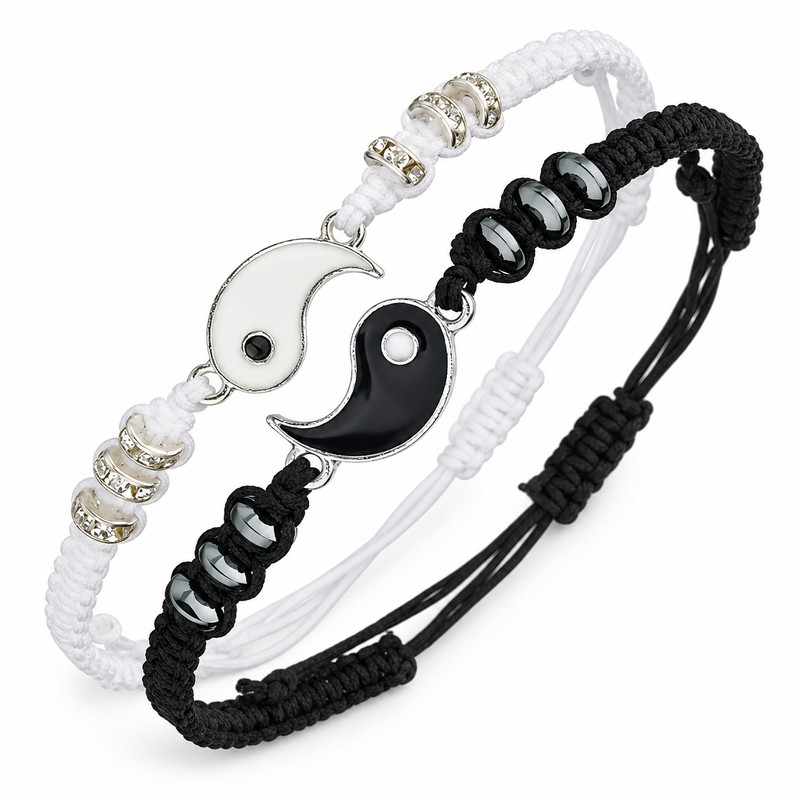 Matching Yin Yang Friendship Bracelets for 2, Adjustable Black and