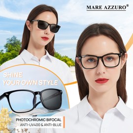 MARE AZZURO Photochromic Bifocal Reading Glasses 2.75 Women Blue Light Outdoor Readers 100 125 150 175 200 225 250 275 300 350 (Black, 2.75)