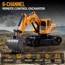 Daioller Remote Control Excavator for Kids, Escavatore Telecomandato, Radio Controlled Excavator with Metal Shoulder Pad, Hydraulic Excavator for Children with Lights and Sounds, 6 Channel Sand