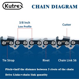 Kutrex 12 Inch Chainsaw Chain, 3/8" LP Pitch, 043" Gauge, 45 Drive Links | Low-Kickback Replacement Chain for Greenworks, Poulan, Echo, EGO and More -S45 (3 Chains)