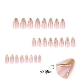24PCS Almond False Nails Short - French Gold Edge False Nails - Elegant Press on Nails - Fake Nails with Glue - Full Cover Acrylic Almond False Nail Tips for Women Girls Nail Art