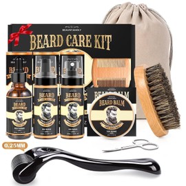 Beard Grooming Set w/Beard Oil, Conditioner, Balm, Shampoo Wash, 0.25MM Roller, Beard Brush, Comb, Scissor, Bag, Christmas Birthday Valentines Day Gifts for Him Men