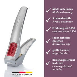 Westmark Knoblauchpresse mit extra großer Kammer und Reinigungselement, Länge: 16,2 cm, Aluminium/Kunststoff, Silber/Rot, 30082260