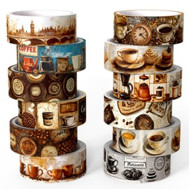Juego de 12 rollos de cinta Washi, cinta decorativa clásico con temática de café, retro, color café, acuarela, para suministros de diario, diario basura, álbumes de recortes, planificador,