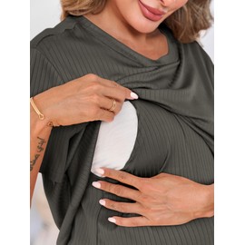 Tankaneo Womens Postpartum Maternity Pajamas 2 Piece Sets Rib Short Sleeve Nursing Tops and Elastic Waist Pants Loungewear, Dark Grey, Small