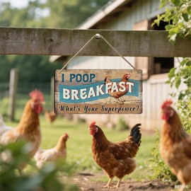 Funny Chicken Coop Signs Decor - I Poop Breakfast What's Your Superpower Sign - Outdoor Chicken Coop Decorations, Gifts for Women - Wooden Wall Art (6x12 Inch Rustic Farmhouse Kitchen Decor)