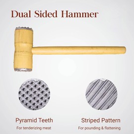ProBytes Wooden Meat Pounder Mallet - Metal Ribs & Spike/Teeth Dual Style Tenderiser, Puncture Meat, Soften Fibres, Hammer All Types of Meat, Natural, Juicy, Tender, Beef, Turkey, Chicken, Pork, Steak