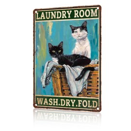 KLHSOF Funny Cat Decor Laundry Room Wash Dry Fold Funny Black Cat Vintage Metal Signs Animal Tin Sign for Home Outdoor Wall Decor 8×12 Inch