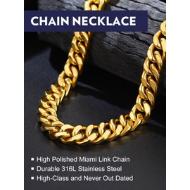 Bandmax Curb Chain Men's Women's Stainless Steel Chain 12 mm Wide Necklace Cuban Chain Gold/Black Chain Boys Fashion Jewellery Accessory Chain Length 45 cm to 76 cm Selectable, Stainless Steel