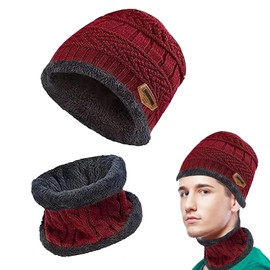 langyoujia Winter Hat, Children's Winter Warm Beanie Hat and Ring Scarf Tube Scarf Set, Beanie Hat with Fleece Lining, Unisex Winter Warm Hat Scarf Set, red