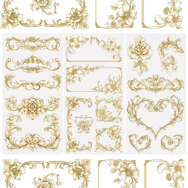 WANDIC 3 Sheets Flower Gilding Rub On Transfer Stickers,Waterproof Decals