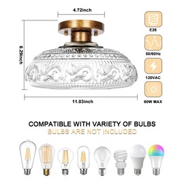 Semi Flush Mount Ceiling Light Fixture - 11 Inch Modern Glass Hall Light, Vintage Light Fixture for Kitchen, Hallway, Bathroom and Entry Way, Compatible with E26 Light Bulb, Old Gold