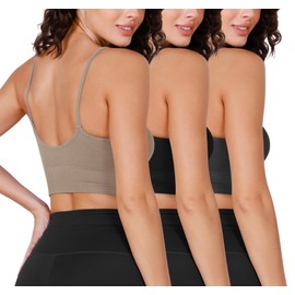 ODODOS 3-Pack Seamless Sports Bra for Women Ribbed Camisoles Non Padding Yoga Bra Crop Tank Tops, Taupe+Black+Charcoal, X-Large
