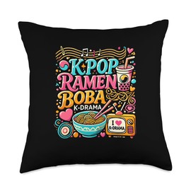 Kawaii K-Pop Ramen Noodles Boba K-Drama Kpop Lovers Fans Throw Pillow