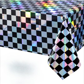 2Pack Iridescent Checkered Plastic Tablecloth, Shiny Disposable Laser Rectangle Table Covers, 54x108Inch Holographic Foil Tablecloth Iridescent Party Decorations Race Car, (Black Laser Checker)