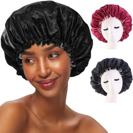 Coubeau Double Layer Sleep Cap for Women - Sleep Cap with Drawstring Adjustment Buckle Soft and Breathable Plain Satin Sleep Cap to Protect Your Hair