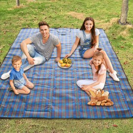 Armo Extra Large Tartan Picnic Blanket With Carrying Handle Waterproof Beach Garden Outdoor Washable Picnic Camping Blanket 200CM X 200CM (Blue)